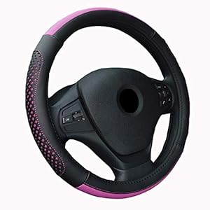 Car Steering Wheel Cover Genuine Leather Heavy for Summer Women 38CM / 15 ” Hole Perforation Anti-Slip (Black Pink)