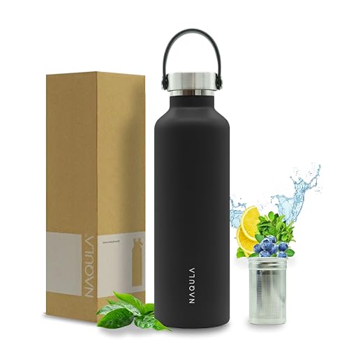 NAQULA Thermosflasche 750 ml mit Tragegriff und abnehmbarem Sieb f Tee od Früchte. Edelstahl Trinkflasche auslaufsicher kohlensäurehaltige Getränke geeignet Isolierflasche heiß und kalt. (Schwarz)
