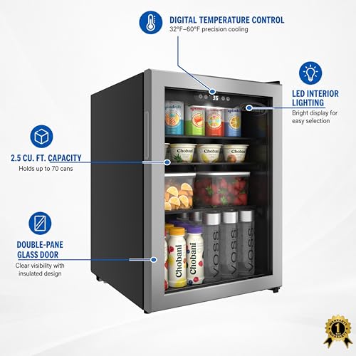 Image of KoolMore 17 Inch Beverage Refrigerator, 2.5 Cu. Ft. Fridge Cooler, 70 Can Glass Door Drink Fridge for Dorm, Bedroom, Office, Bar, Retail Display, ETL Listed