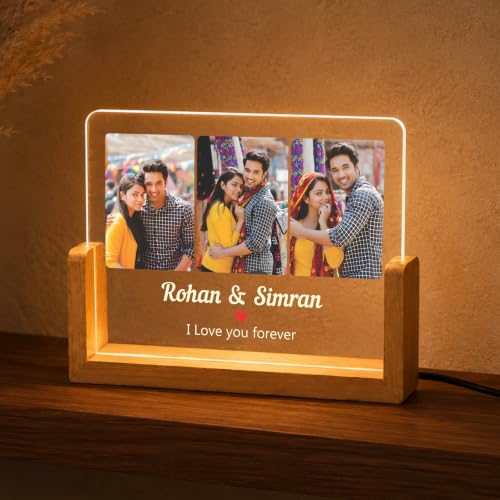 Image of Giftplease Personalized LED Acrylic Photo Frame with Custom Picture and Name, Romantic Couple Night Lamp, Wooden Base USB Table Decor, Anniversary Memory Display, Bedroom Home Accent Piece