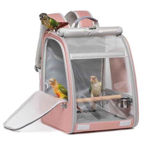 Bird Carrier Backpack, Portable Travel Bird Cage with Standing Perch, 2 Feeder Cups, Iron Mesh Stand & Removable Tray Lightweight, Breathable Mesh Window for Parrot Carrier,Easy Clean (Pink