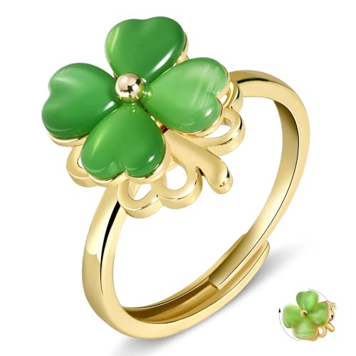 Adjustable Rotatable Four Leaf Clover Ring - Gold Green Opal Clover Ring for Women St. Patrick's Day Jewelry