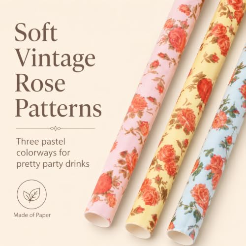 Image of ALINK Floral Paper Straws, Biodegradable Disposable Flower Straws for Bridal /Baby Shower, Wedding, Shabby Chic /Vintage Tea Party, Birthday, Events and Crafts Decorations