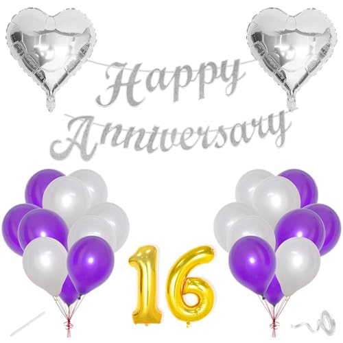 Image of Flyloons 16th Happy Anniversary Decoration Items Purple for Men Women Husband Wife Mom Dad Parent Couple Home Bedroom Car With 20 Pcs Metallic Balloons Anniversary Banner 2 Pcs Heart Set Kit