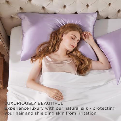 Image of Satin Pillow Covers Set of 2 with 3 Random Satin Hair Scrunchies - Soft, Silky & Gentle Pillowcases for Hair & Skin Care (Lavender)