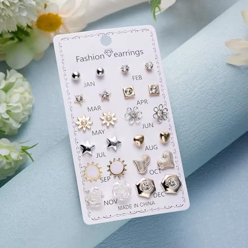 Image of 12 Pairs Trendy Stud Earrings Set with Crystal and Pearl, Heart, Flower, Star and Geometric Styles