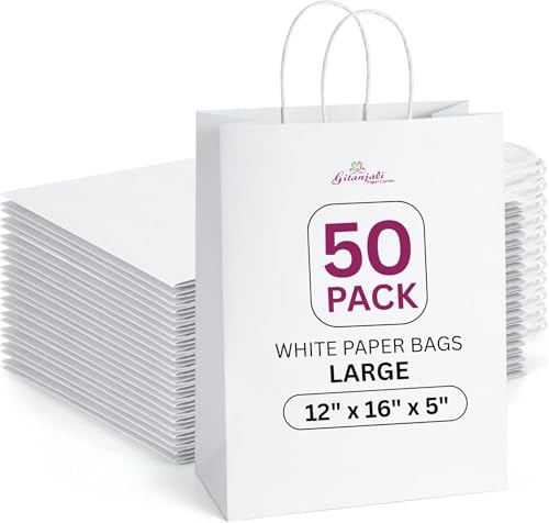 Image of Paper Bags -12x16x5in 50pcs White Large Return Gift Bag - Retail Paper Carry Bags- Disposable Recycled Eco Friendly Craft Paper Gifting Covers (Large-White, Pack of 50)