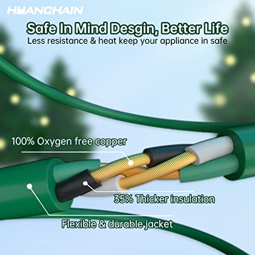 Indoor Outdoor Green Extension Cord 100 Ft Waterproof, 16/3 Gauge Flexible Cold-Resistant Appliance Extension Cord Outside, 10A 1250W 16Awg Sjtw, 3 Prong Heavy Duty Electric Cord, Etl Huanchain #TOP3