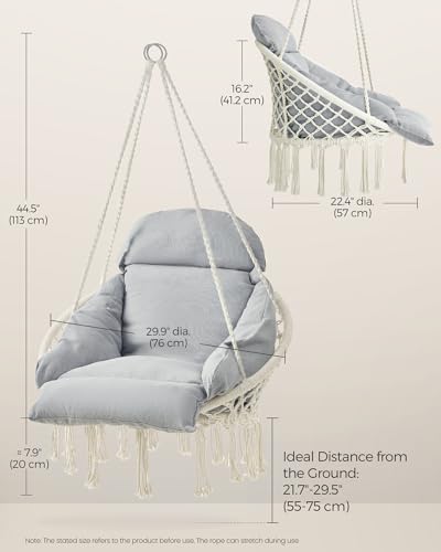 Image of SONGMICS Hanging Chair, Hammock Chair with Large, Thick Cushion, Boho Swing Chair for Bedroom, Patio, Balcony, Garden, Holds up to 264 lb, Accessories Included, Cream White and Dove Gray UGDC042G01 | Hammock Chair with Large, Thick Cushion, Boho Swing Chair for Bedroom, Patio, Balcony, Cream White and Dove Gray UGDC042G01