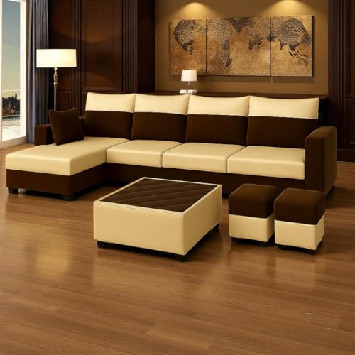 Image of FURNY Arissa 8 Seater Fabric LHS L Shape Sofa Set with 1 Centre Table & 2 Puffy (Cream-Dark Brown) Premium Velvet Finish | Durable Comfort | Ideal for Living Room