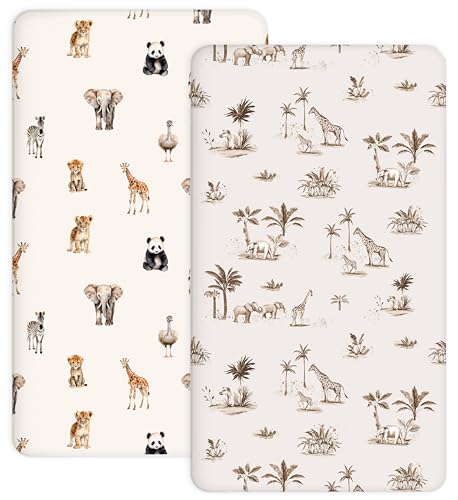 Image of Pack and Play Sheets 2 Pack, Fitted Jersey Knit Mini Crib Sheets for Baby Boys and Girls, Compatible with Graco Pack N Play and Mini Crib Mattress (Safari Dreams, Pack N Play /Mini Crib Sheets)
