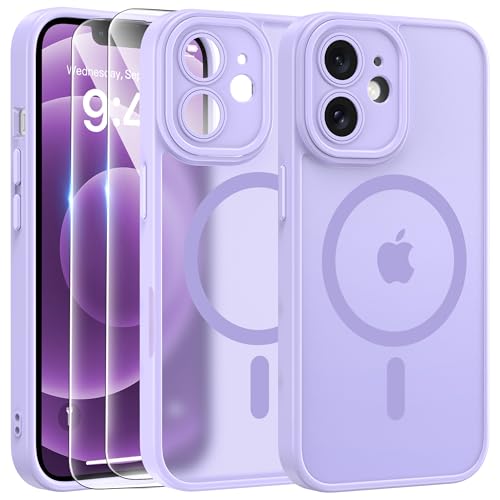 FLLAO Cover Magnetica per iPhone 12 Custodia e 2 Pellicole in Vetro Temperato, Cover iPhone 12 Compatibile con Magsafe, Traslucida Opaca Posteriore Sottile Antiurto Protettiva Case, Viola