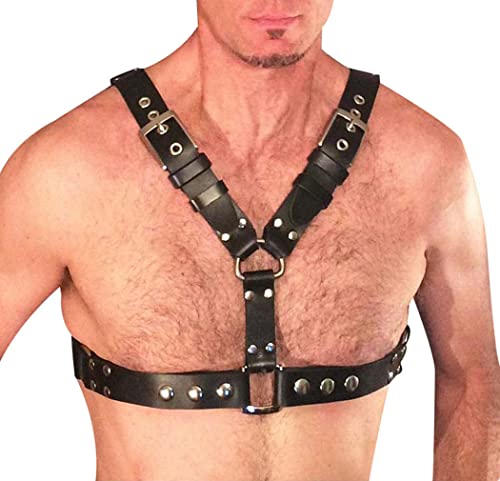 Leather Body Chest Half Harness Suspenders Black Punk Chain Belt Adjustable Straps Buckle Rings for Men Clubwear Costume
