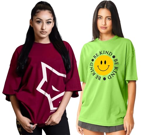 Image of LEOTUDE Cottonblend Oversized Half Sleeve Colorful Printed Combo T-Shirts for Women (Pack of 2)