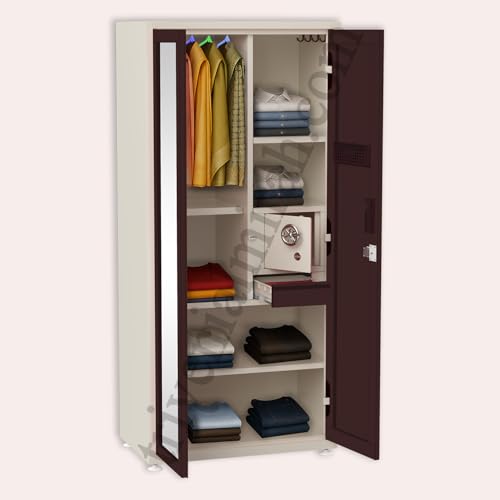 Image of Triveni Rani DARPAN Steel Almirah | 10-Year Guarantee on Paint & Lock Full Mirror, Bangle Drawer & Locker - Coffee | 5 Hangers, Powder Coated Finish