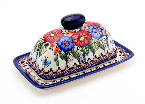 Polish Pottery Market Butter Dish With Lid For Countertop – Polish Stoneware Butter Holder with Knob Handmade by Zaklady Boleslawiec Poland, Unikat Design