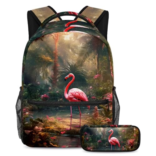 Cartables de grande capacité motif flamant rose avec trousse pour étudiants et voyages