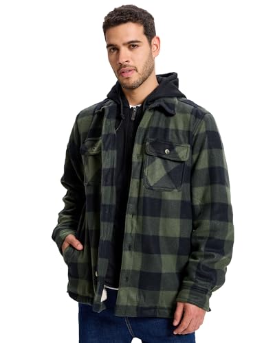 Image of TanBridge Men's Cotton Plaid Shirts Jacket Full Zip Fleece Flannel Sherpa Lined Hoodies Heavyweight Hoodies Jacket for Men