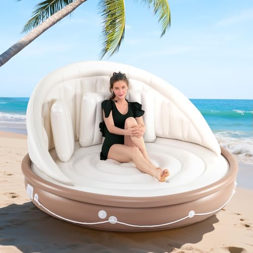 Image of Giantex Canopy Island Inflatable Lounge, Floating Island Raft w /SPF50+ Retractable Detachable Sunshade, Inflatable Pool Float Canopy w /2 Cup Holders Backrest Armrest for Pool Lake River