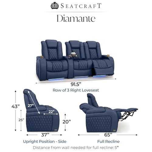 Image of Seatcraft Diamante Navy Blue Italian Leather Home Theater Seating, Zero Gravity Power Recliner, Gaming and Home Office Chair, Powered Headrest Furniture for Cinema Room, Row of 3 Right Loveseats
