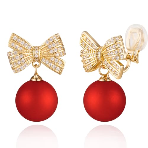 XGALBLA Christmas Earrings - Womens Gifts with Cubic Zirconia Pearl Bow Clip On Earrings for Trendy Stuff & Stocking Stuffers (Red)