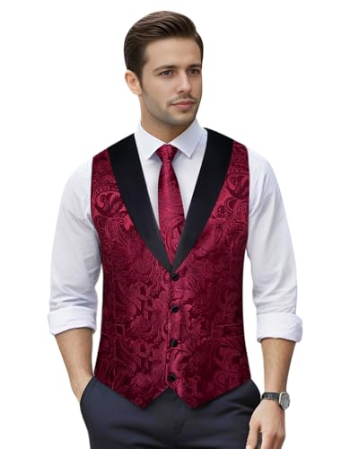 Image of DiBanGu Mens Paisley Suit Vest Silk Jacquard Waistcoat and Necktie Set Formal Shawl Collar Dress Vest 7PCS for Wedding Party