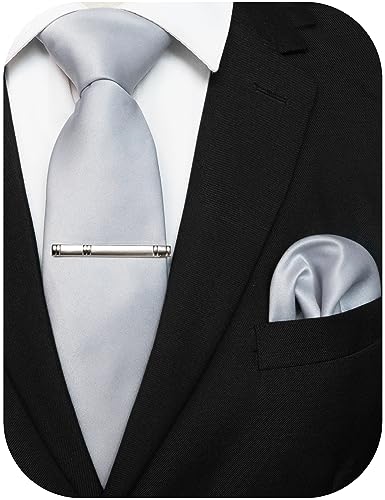JEMYGINS Corbata para hombre con superficie mate, incluye pañuelo de bolsillo y juego de alfiler de corbata, plata, M
