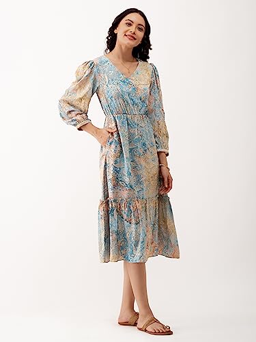 Image of AASK Abstract Printed Puff Sleeve Gathered Detailed Fit Flare Dress