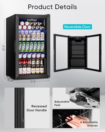 3.2 Cu.Ft Mini Fridge with Glass Door - 126 Can Beverage Refrigerator Cooler for Drink Beer Wine Soda, Small Fridge for Bedroom Office Bar Dorm, 4 Adjustable Shelves, Black