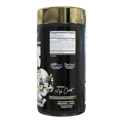 Image of Insane Labz Psychotic Gold, High Stimulant Pre Workout Capsules, Extreme Lasting Energy Focus, Pumps and Endurance with Beta Alanine, DMAE Bitartrate, NO Booster (30 Servings, Unflavored)