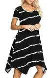 Invug Women Casual Loose Soft Crewneck Short Sleeve Pockets Swing T-Shirt Zigzag Hem Dress Black Wave Stripe XL