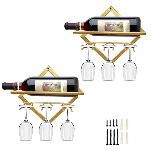 BestAlice Paquete de 2 estantes para botellas de vino montado en la pared, organizador plegable de metal para colgar vino, colgador de exhibición de botellas de vino tinto con tornillos Cover