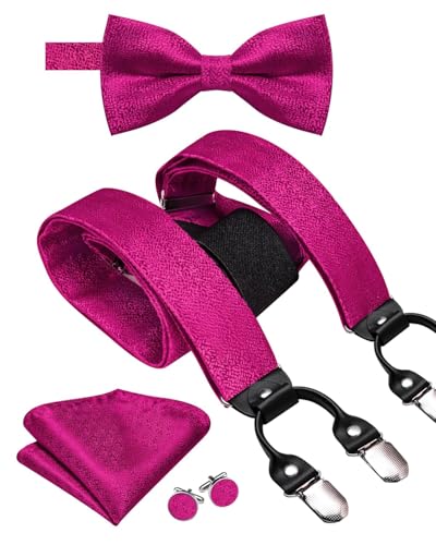 Image of Hi-Tie Men Suspender Bowtie Set Suspenders Pre-tied Bow Tie Pocket Square Cufflinks Adjustable Y Shape 6 Clips Braces Tuxedo