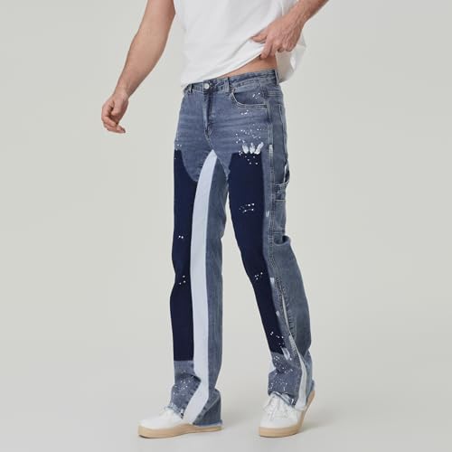 Men Patchwork Jeans Vintage Mid Rise Relaxed Fit Bootcut Denim Pants Casual Trousers Streetwear2