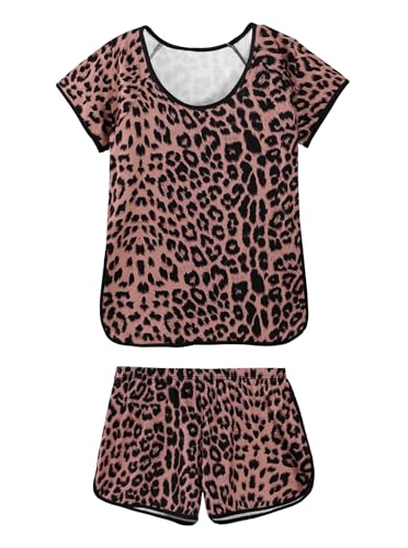 Image of Hilinker Women Leopard Pajama Set Short Sleeve Top with Shorts Sleepwear Cute Pjs 2 Piece Lounge Set Brown Leopard Medium