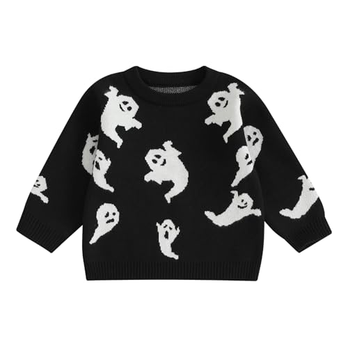 Image of Toddler Baby Girls Halloween Knit Sweater Long Sleeve Letter Ghost Embroidery Pullover Tops Infant Clothes
