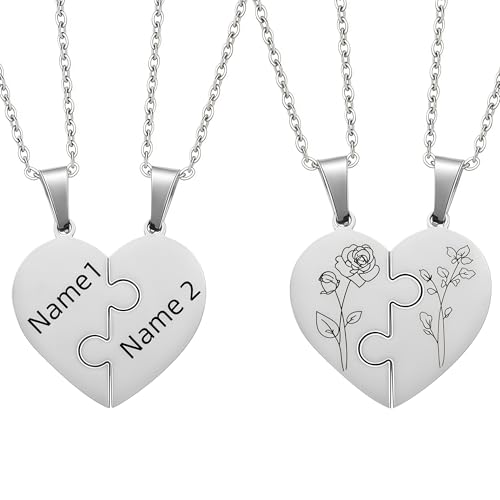 Personalized Name & Birth Flower BFF Necklace for 2/3/4/5, Mom and Daughter Matching Necklace, Custom Family Friendship Couple Necklace Set, Best Friend Name Engrave Heart Puzzle Pendant Necklace