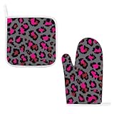 Guantes de Horno Resistentes al Calor, Manoplas de Cocina Gruesas para Evitar Quemaduras, de Lujo, con Estampado de Leopardo y Guepardo, Rosa y Gris Oscuro.
