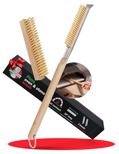 26” Pizza Oven Brush with Stone Scraper - Heat Resistant Stainless Steel Bristles, Extra Long Handle - Compatible with Ooni Ovens - Includes Spare Head