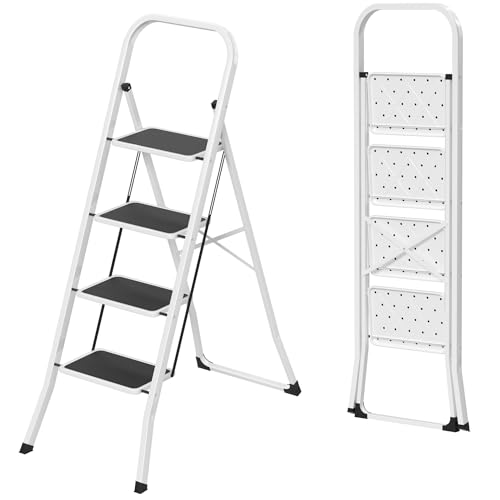 FIVMEN Scala pieghevole a 4 gradini con ampia pedana da 30x20 cm, scala da casa pieghevole con capacità di carico fino a 150 kg, Nero+Bianco