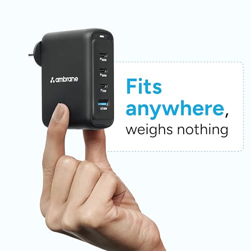 Image of Ambrane 100W GaN Charger: Fast Charging Adapter with 4 Ports (3 USB-C + 1 USB-A), PD Support, iPhone 0-50% in Minutes, Compatible with All iPhones, Android Phones, Laptops & MacBooks (charge100 Black)