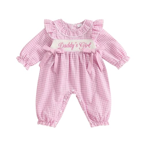 GOOCHEER Newborn Baby Girl Fall Outfit Little Sis I M New Here Smocked Romper Plaid Bow Ruffle Long Sleeve Jumpsuit Clothes