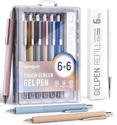 Gel Pens 0.5mm Quick Dry Black Ink Pens Fine Point Smooth Writing Pens 3-in-1 Stylus Retractable Gel Pen with Stylus tip Cute Office School Supplies Gifts for Women Men (6 gel pens + 6 refills)