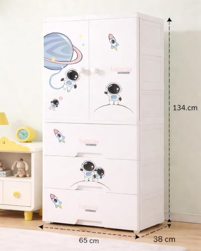 Image of Kids Plastic Collapsible Wardrobe Organizer for Storage with Drawers | Cute Cartoon Design | Heavy Duty Runner Rug Floor Mat Carpets Organizer Bedroom, Living Room (Starry-Sky, 1+3-Door)