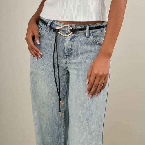 Rope Belts for Women Boho Thin Black Leather Tie Belt with Gold Buckle for Formal Costume Dresses Skirt Jeans Pants2