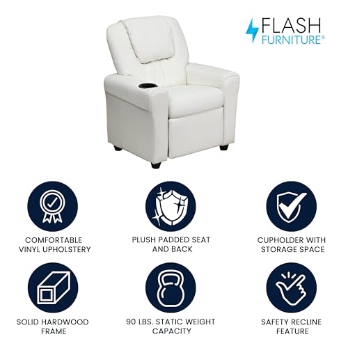 Image of Flash Furniture Vana Vinyl Kids Recliner with Cup Holder, Headrest, and Safety Recline, Contemporary Reclining Chair for Kids, Supports up to 90 lbs., White