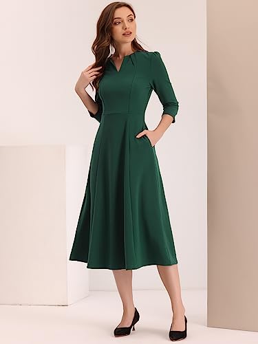Image of Allegra K Womens 3 /4 Sleeve A-Line Business Work Formal Midi Dress | Elegant Dresses with Pockets, V Neck, Cockatail Party Church Funeral Outfits, Spring Fall Winter