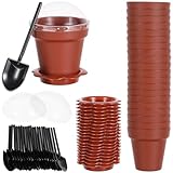 20 Pack Mini Flower Pots Cups with Lid, Shovel and Bottom Tray, Plastic Cupcake Plant Nursery Pots for Indoor&Outdoor Succulent, Vegetable, Plant or Use as Dessert Containers