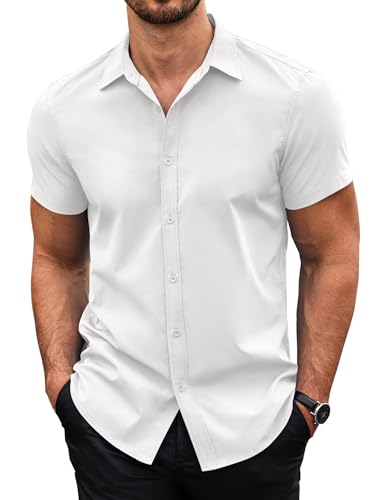 COOFANDY Chemise Homme Manches Courtes Chemise d'Été Casual Business Slim Fit Chemisette pour Homme Basique Unie Blanc 3XL