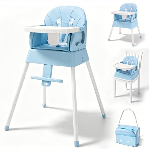 Image of 5 in 1 Foldable Baby High Chair,Convertible Highchair for Babies and Toddlers-Portable Infant Booster Seat,Foldable Dining Chair,Toddler High Chair with 5-Point Harness,Removable Tray (Blue)